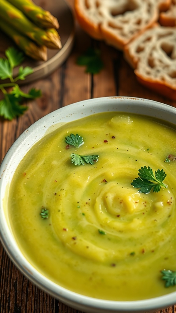 Creamy asparagus soup garnished with parsley on a rustic table with bread.